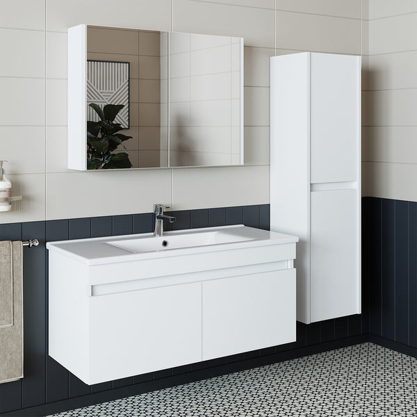 Roomart Badmöbel Set ATRIA 4-teilig | 100 cm Waschbeckenunterschrank mit Keramikwaschbecken, Spiegelschrank & Hochschrank | Badezimmermöbel in 4 Farben