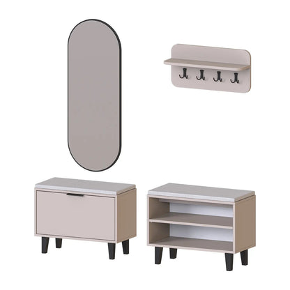 Roomart 4-teiliges Garderobenset NORD, mit 2 Sitzbänken (offen und mit Schuhklappe), Wandgarderobe und ovalem Spiegel, in 2 Farben