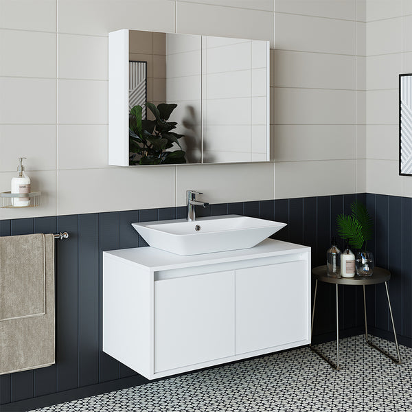 Roomart ATLANTIC Badmöbel Set 3-teilig – 85 cm Waschbecken mit Unterschrank & Keramikwaschbecken, Spiegelschrank, Badezimmermöbel