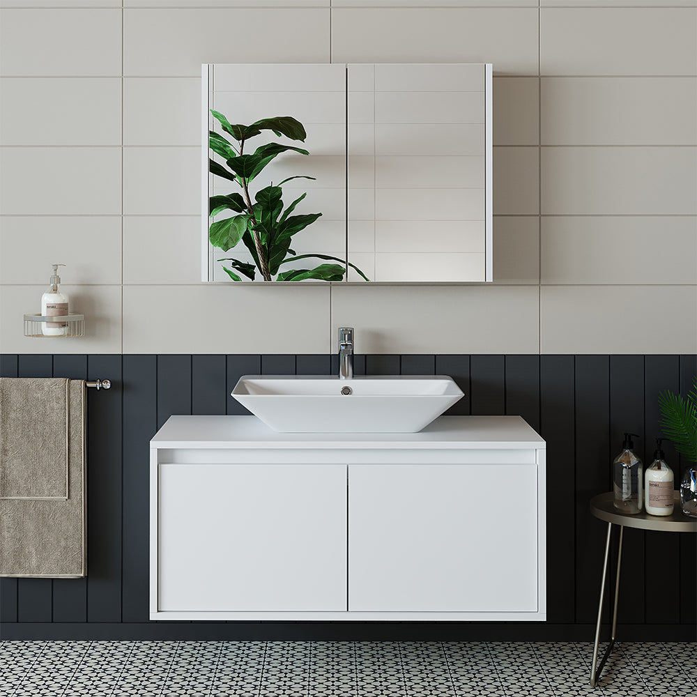 Roomart • Badmöbel Set • ATLANTIC • 3 Teilig • 100 cm Unterschrank mit Keramikwaschbecken • 80 cm Spiegelschrank- badezimmerschrank, waschbecken, badezimmermöbel, badschrank, badezimmer, mit, unterschrank, badmöbel, set, waschtisch, möbel, badezimmermãbel