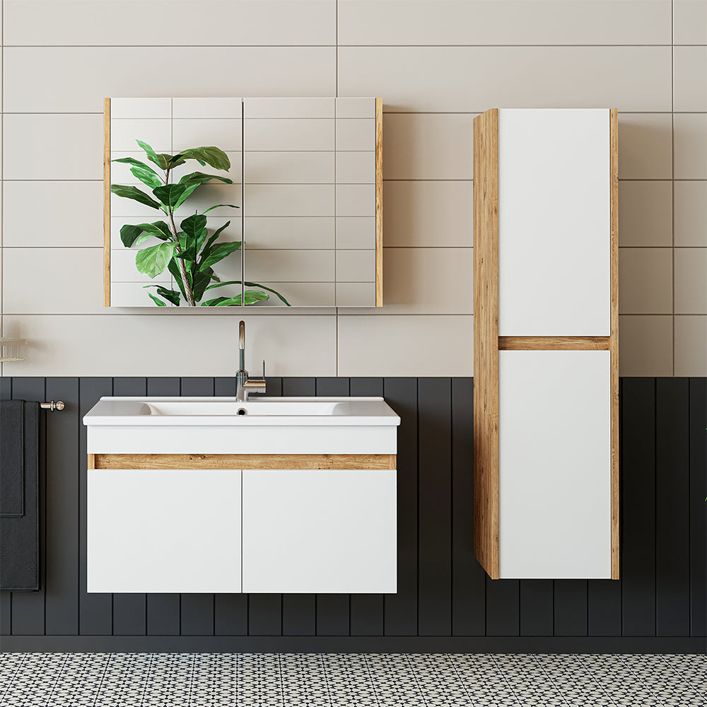 Roomart Badmöbel Set ATRIA 85 cm Unterschrank mit Waschbecken Spiegelschrank Hochschrank