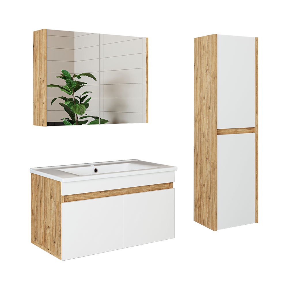 Roomart Badmöbel Set ATRIA 85 cm Unterschrank mit Waschbecken Spiegelschrank Hochschrank