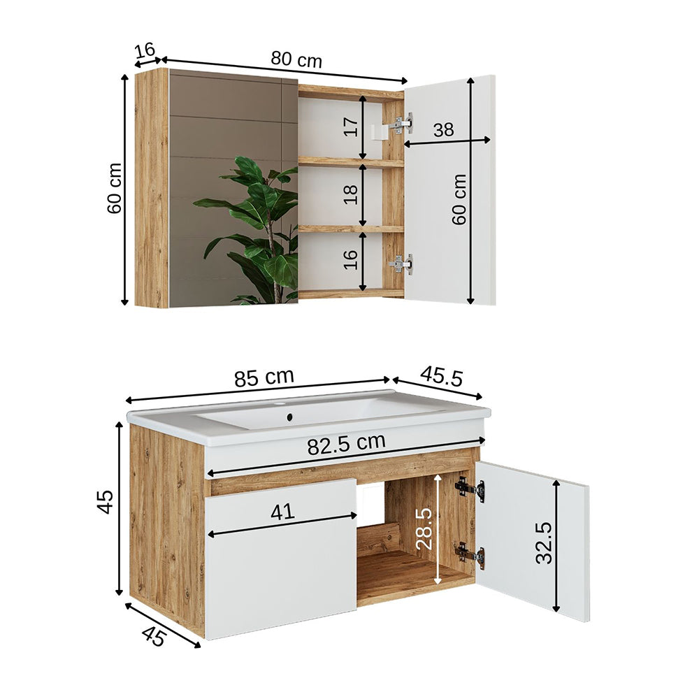 Roomart Badmöbel Set ATRIA 3 Teilig, in 4 Farben, 85 cm Unterschrank mit Keramikwaschbecken • Spiegelschrank