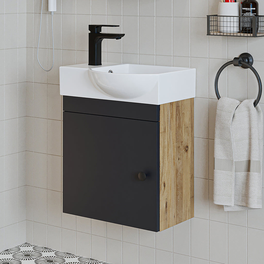 Roomart Waschtischunterschrank PUNTO mit Keramik-Waschbecken – Gäste-WC Badmöbel – Wasserhahn links