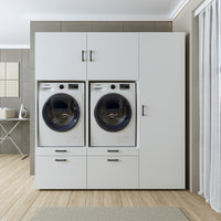 Roomart Waschmaschinenschrank Doppelschrank – SERIE 2 – 194 cm breit, Überbauschrank für Waschküche & Hauswirtschaftsraum – 205 cm hoch – mit Ausziehbrett & Schubladen – in 3 Farben