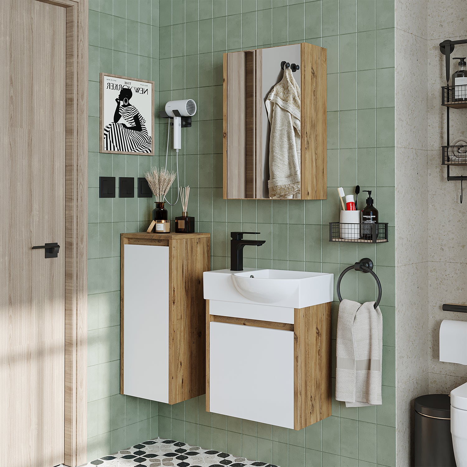 badmöbelset • leo • unterschrank mit waschbecken • badezimmer möbel • gäste  wc - spiegelschrank / weiß-eiche