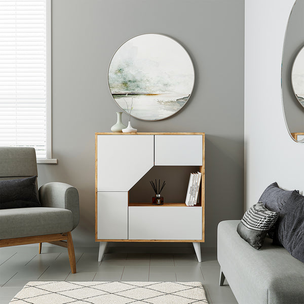 Roomart Pablo Mehrzweckschrank Weiß-Eiche mit Türen & Regalen – Aufbewahrungsschrank für Wohnzimmer, Schlafzimmer, Esszimmer & Büro – Modern, platzsparend & vielseitig einsetzbar