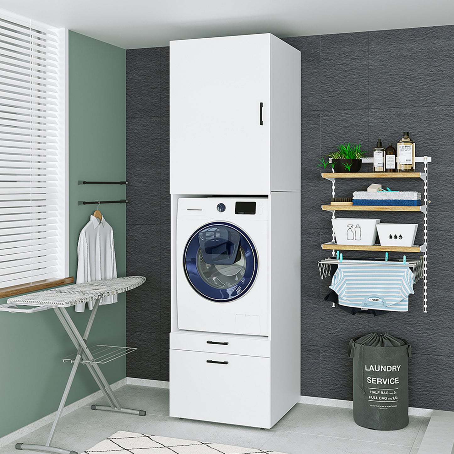 Roomart Waschmaschinenschrank mit Schrankaufsatz • mit Ausziehbrett • Weiß  • Schwarz eiche • Eiche