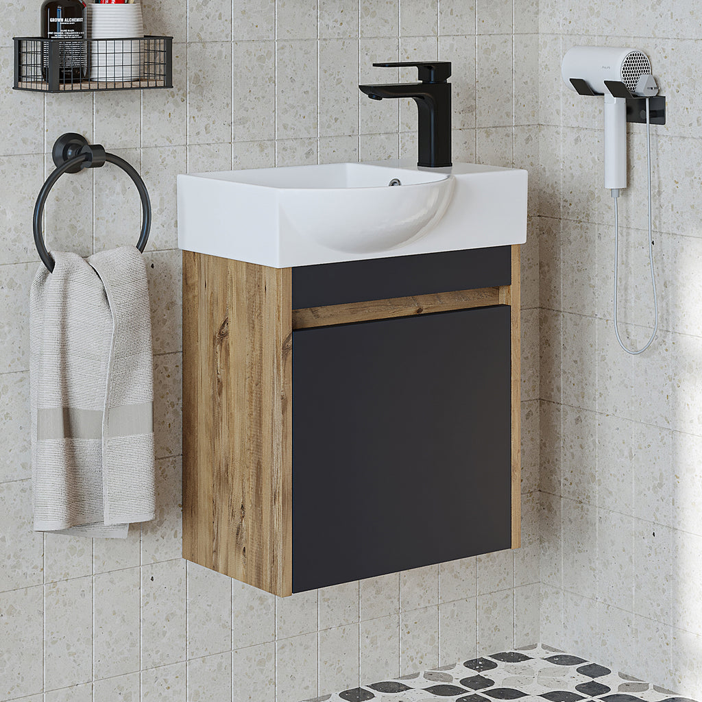 Roomart Waschtischunterschrank LEO mit Keramik-Waschbecken – Gäste-WC Badmöbel – Wasserhahn rechts