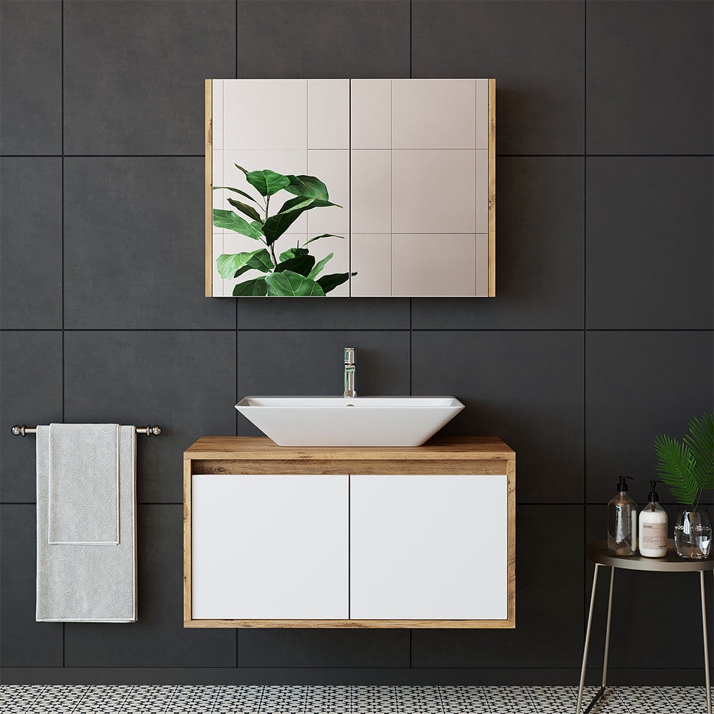 Roomart • Badmöbel Set • ATLANTIC • 3 Teilig • 85 cm Unterschrank mit Keramikwaschbecken   • Spiegelschrank