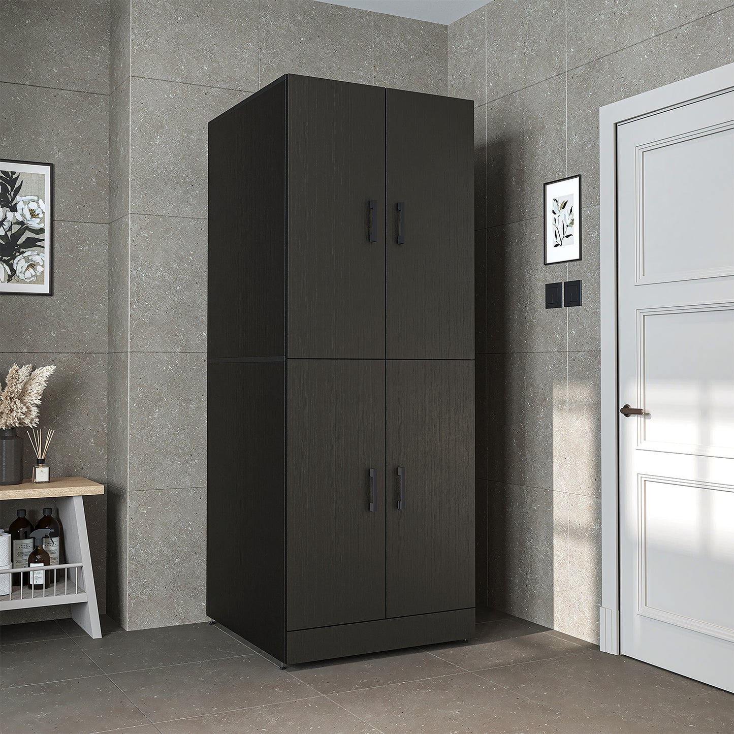 Roomart Waschmaschinenschrank SERIE DORA-I-  Waschmaschinen- & Trocknerschrank mit Türen & Ausziehbrett – Waschküchenschrank für Waschmaschine & Trockner – in 5 Farben • Weiß • Weiß-Eiche • Anthrazit-Eiche • Eiche • Schwarz-Eiche