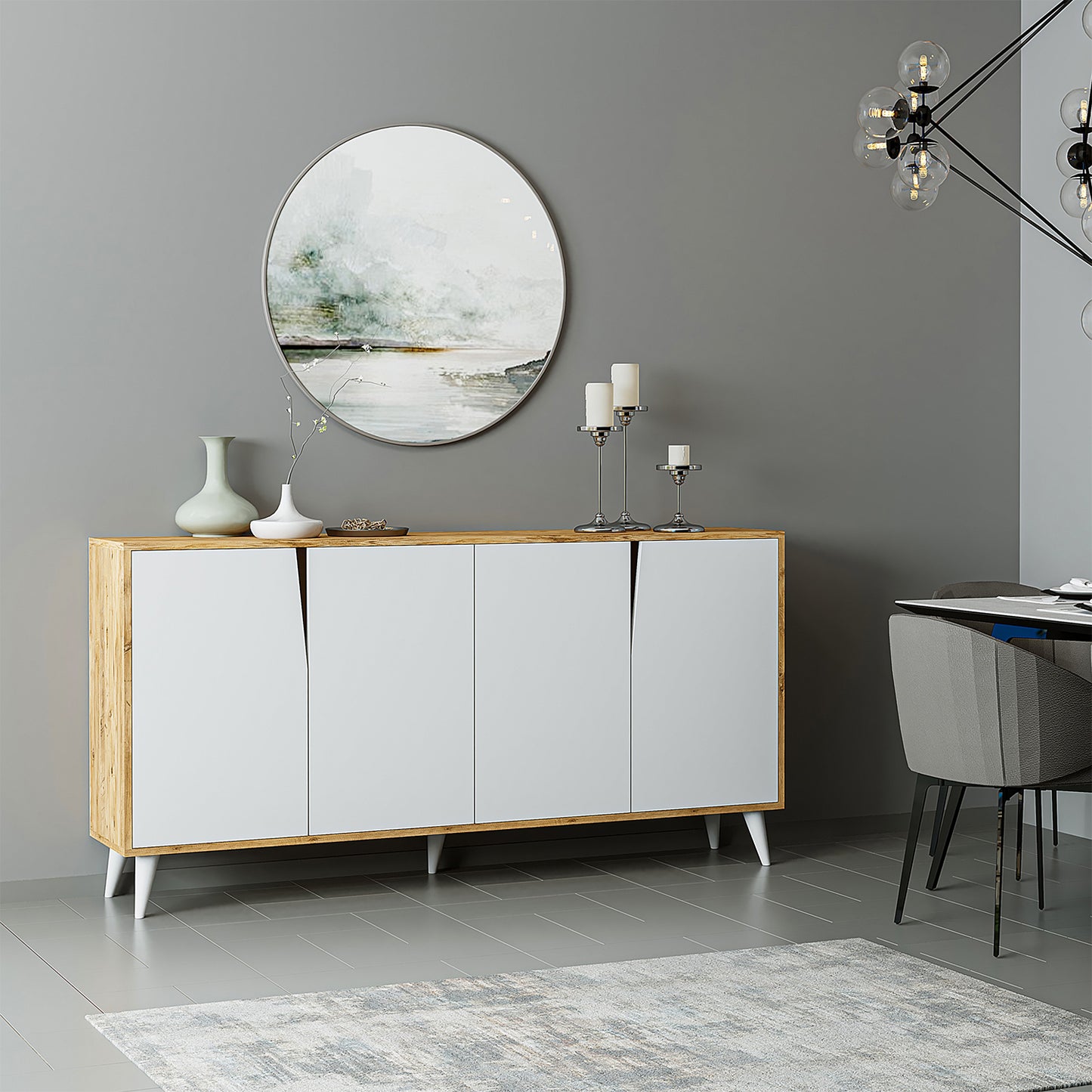 ROOMART Ospina Mehrzweckschrank in Weiß-Eiche– TV-Schrank, Esszimmerschrank & Aufbewahrungsschrank – 180 cm breit, 4 Fächer – Für Wohnzimmer, Esszimmer oder Kinderzimmer