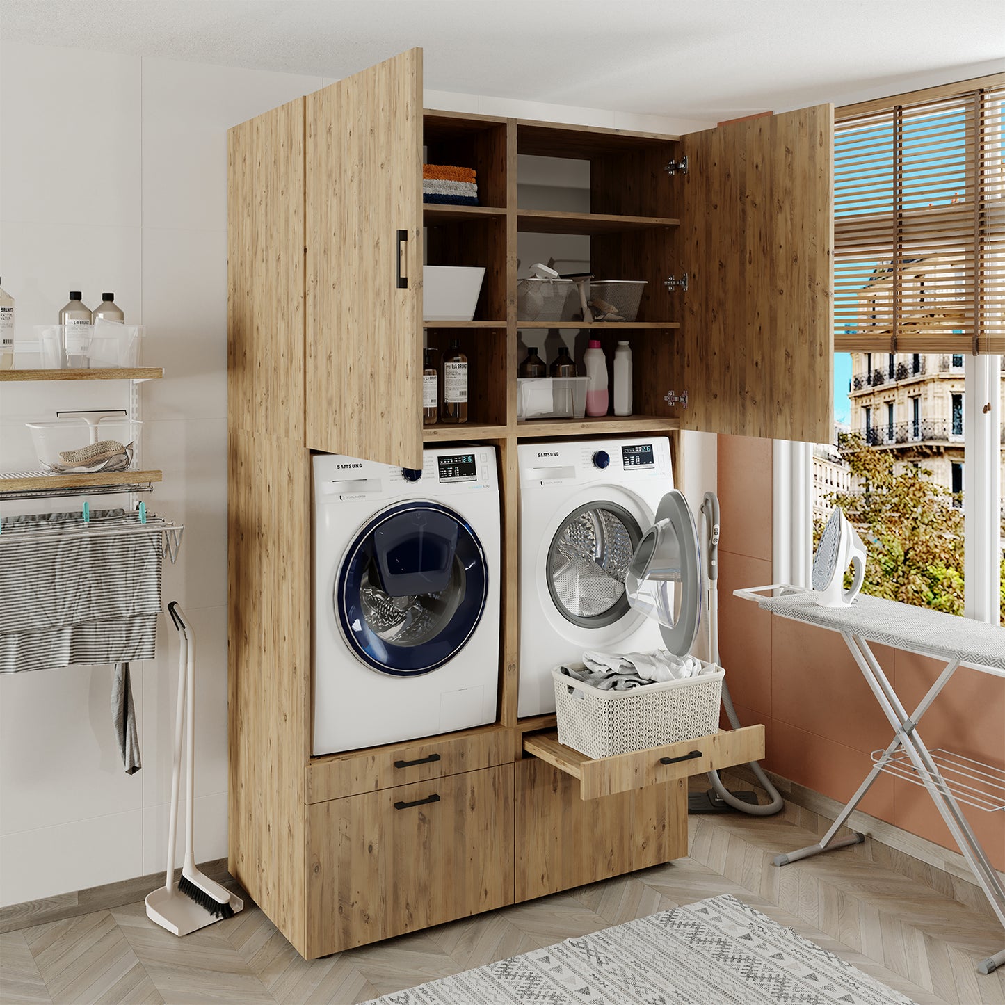 Roomart  Waschmachinen Doppelschrrank Überbauschrank (SERIE 2) - 2 Größenoptionen- HBT: 205 x 134 x 66,8 cm, HBT: 240 x 134 x 66,8 cm, in 3 Farben