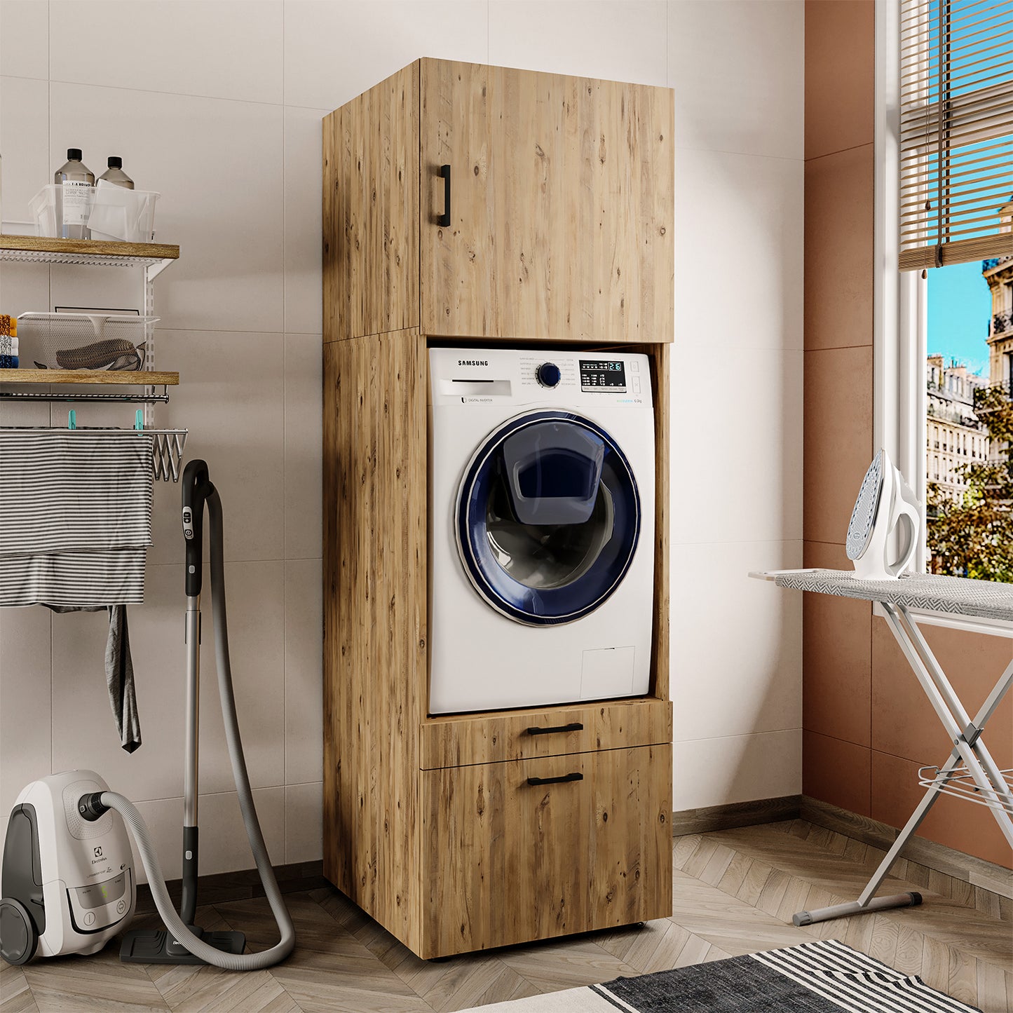 Roomart Waschmaschinenschrank mit Schrankaufsatz • mit Ausziehbrett • Weiß  • Schwarz eiche • Eiche