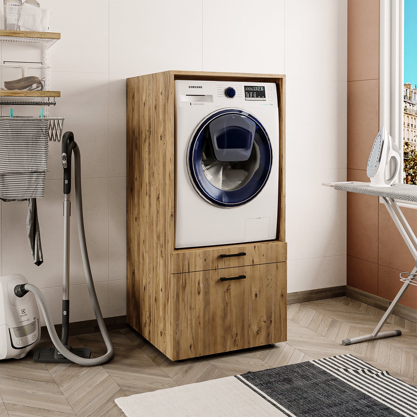 Roomart • Waschmachinenschrank für Hauswirtschaftsraum • HBT: 145x67x66,8 cm • Mit Schubladen und Ausziehbrett • Weiß • Schwarz eiche  • Eiche