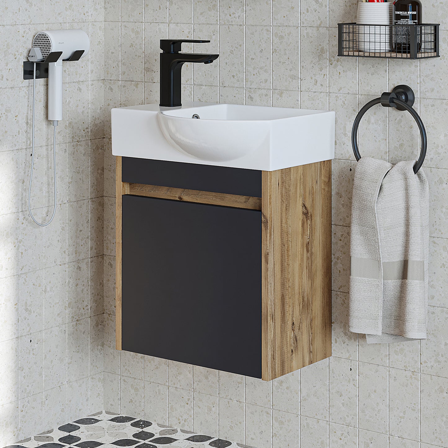 Roomart Waschtischunterschrank LEO mit Keramik-Waschbecken – Gäste-WC Badmöbel – Wasserhahn links
