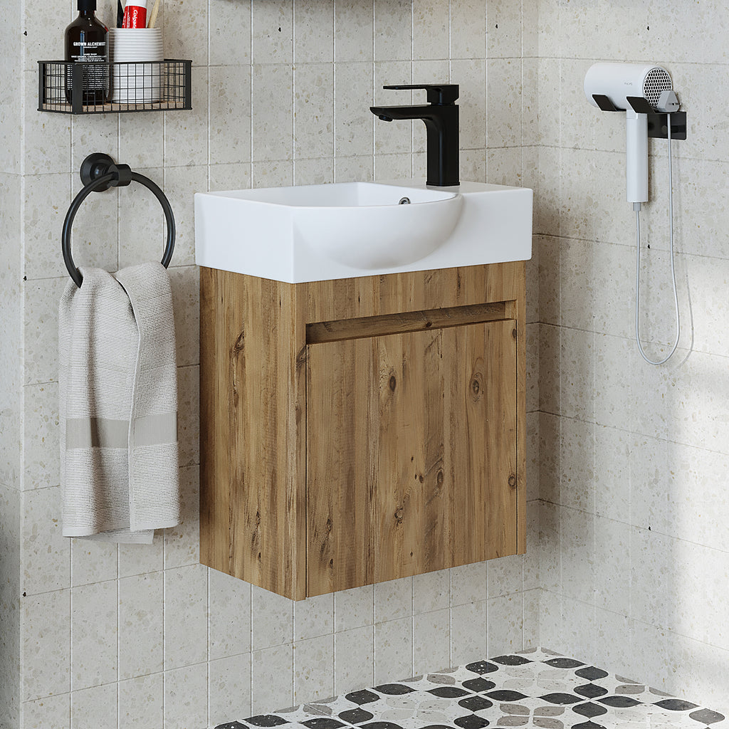 Roomart Waschtischunterschrank LEO mit Keramik-Waschbecken – Gäste-WC Badmöbel – Wasserhahn rechts