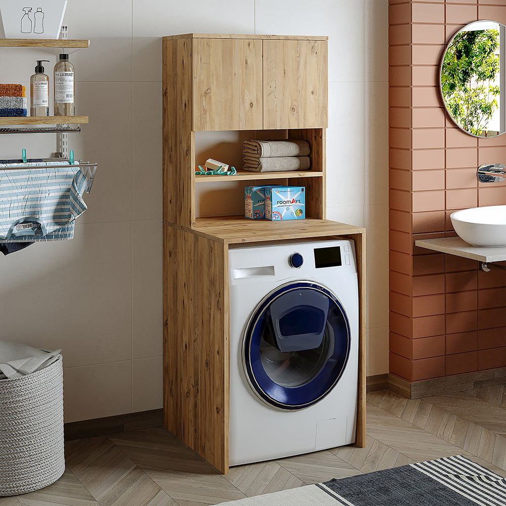 Roomart, mobile per lavatrice da bagno Atlantic, sovrastruttura per lavatrice, LHD: 65 x 181 x 60 cm, in rovere bianco, rovere antracite