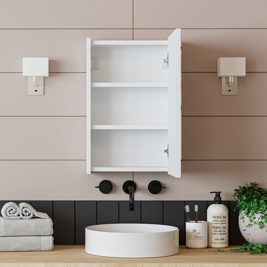 Roomart Badezimmerspiegelschrank "Punto“ – moderner, kompakter 40 cm Badschrank mit Spiegel – in Weiß oder Eiche -  badezimmerspiegelschrank, mirror, lichtschalter, badspiegelschrank, geringe, tiefe, schiebetür, steckdose, eckspiegelschrank, smarter, badh