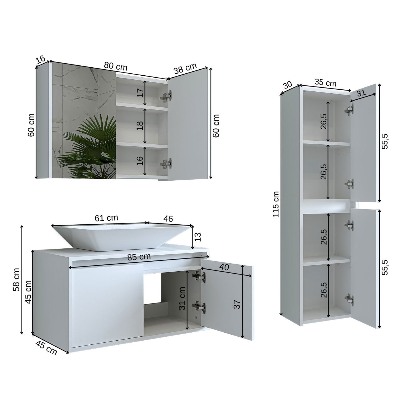 Roomart Badmöbel Set ATLANTIC 4-teilig 85 cm in 5 Farben Unterschrank mit Keramikwaschbecken   • Spiegelschrank  • Hochschrank