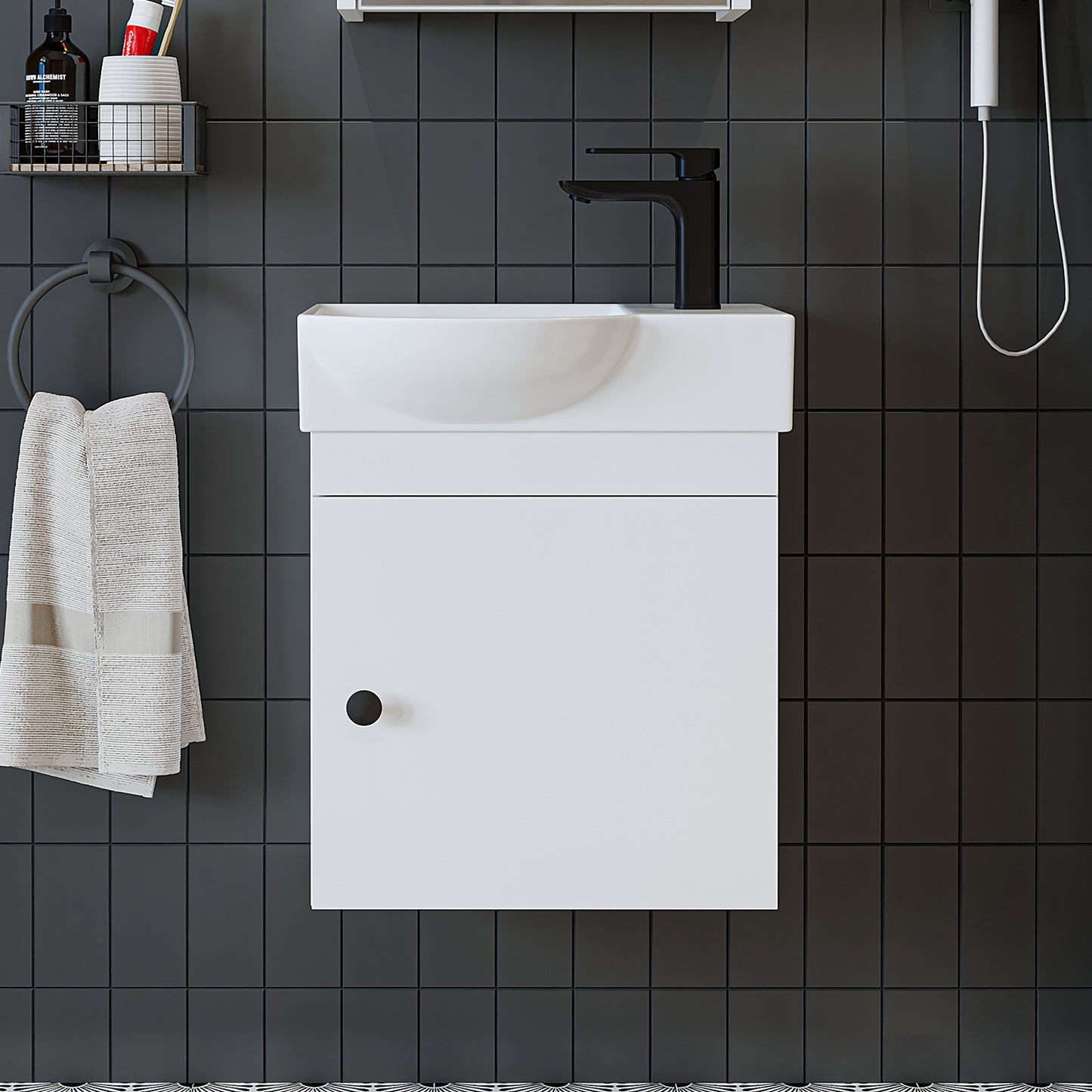 Roomart Waschtischunterschrank PUNTO mit Keramik-Waschbecken – Gäste-WC Badmöbel – Wasserhahn rechts