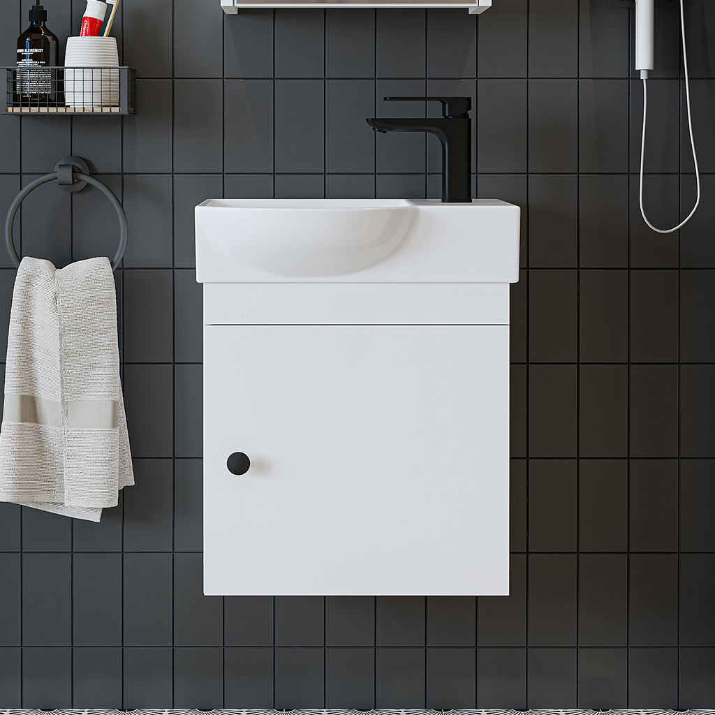 Roomart Waschtischunterschrank PUNTO mit Keramik-Waschbecken – Gäste-WC Badmöbel – Wasserhahn rechts