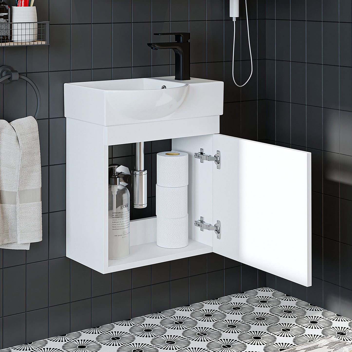 Roomart Waschtischunterschrank PUNTO mit Keramik-Waschbecken – Gäste-WC Badmöbel – Wasserhahn rechts