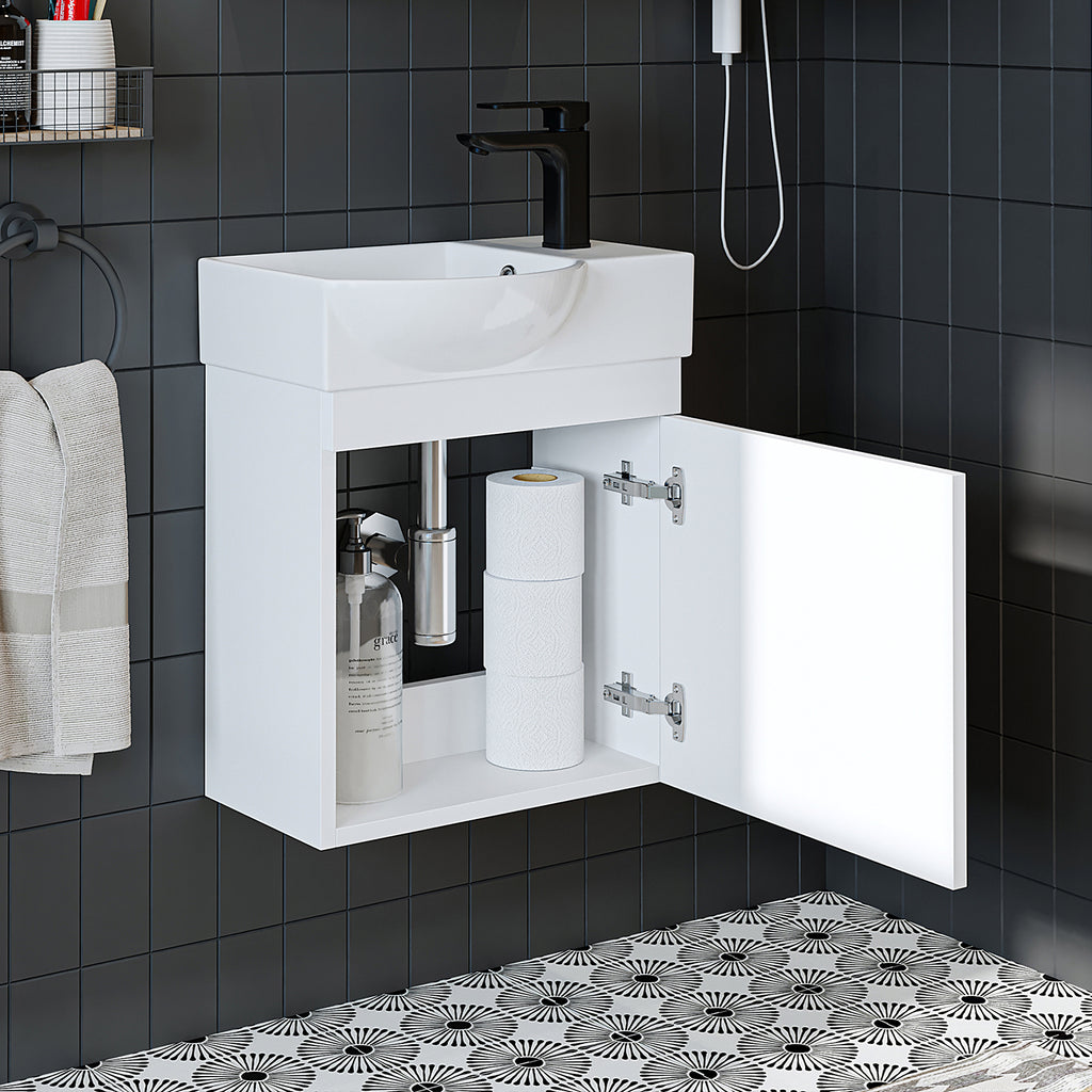 Roomart Waschtischunterschrank PUNTO mit Keramik-Waschbecken – Gäste-WC Badmöbel – Wasserhahn rechts