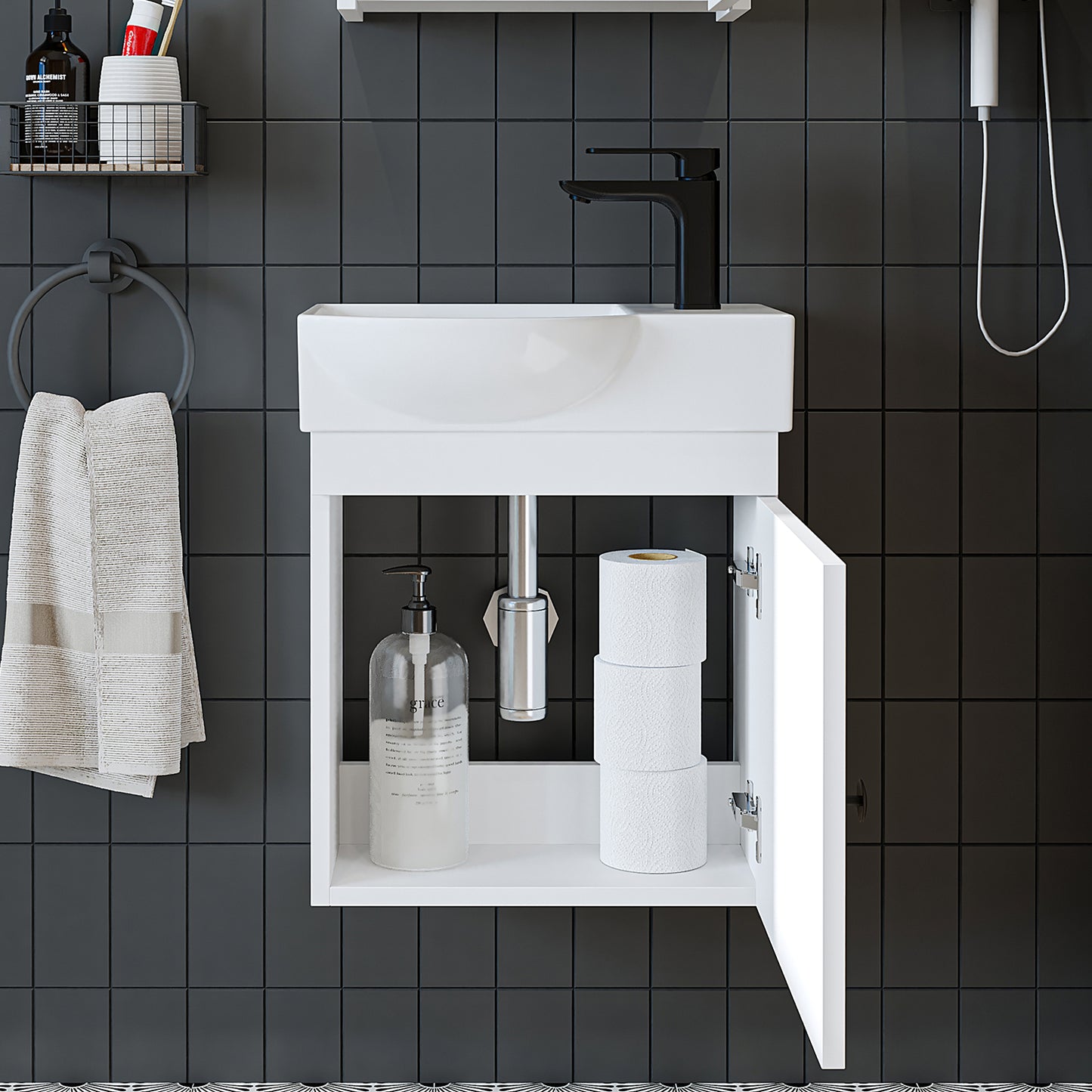 Roomart Waschtischunterschrank PUNTO mit Keramik-Waschbecken – Gäste-WC Badmöbel – Wasserhahn rechts