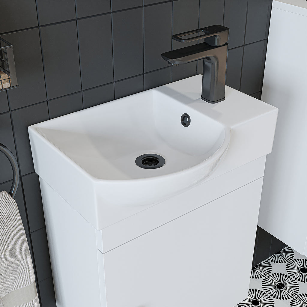 Roomart Waschtischunterschrank PUNTO mit Keramik-Waschbecken – Gäste-WC Badmöbel – Wasserhahn rechts