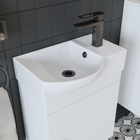 Roomart Waschtischunterschrank PUNTO mit Keramik-Waschbecken – Gäste-WC Badmöbel – Wasserhahn rechts