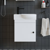 Roomart Waschtischunterschrank PUNTO mit Keramik-Waschbecken – Gäste-WC Badmöbel – Wasserhahn links