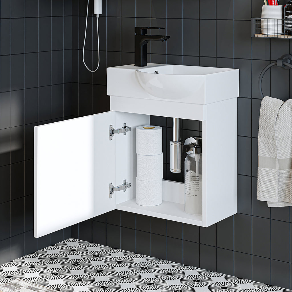 Roomart Waschtischunterschrank PUNTO mit Keramik-Waschbecken – Gäste-WC Badmöbel – Wasserhahn links