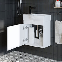 Roomart Waschtischunterschrank PUNTO mit Keramik-Waschbecken – Gäste-WC Badmöbel – Wasserhahn links