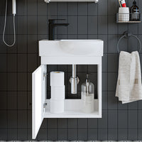 Roomart Waschtischunterschrank PUNTO mit Keramik-Waschbecken – Gäste-WC Badmöbel – Wasserhahn links
