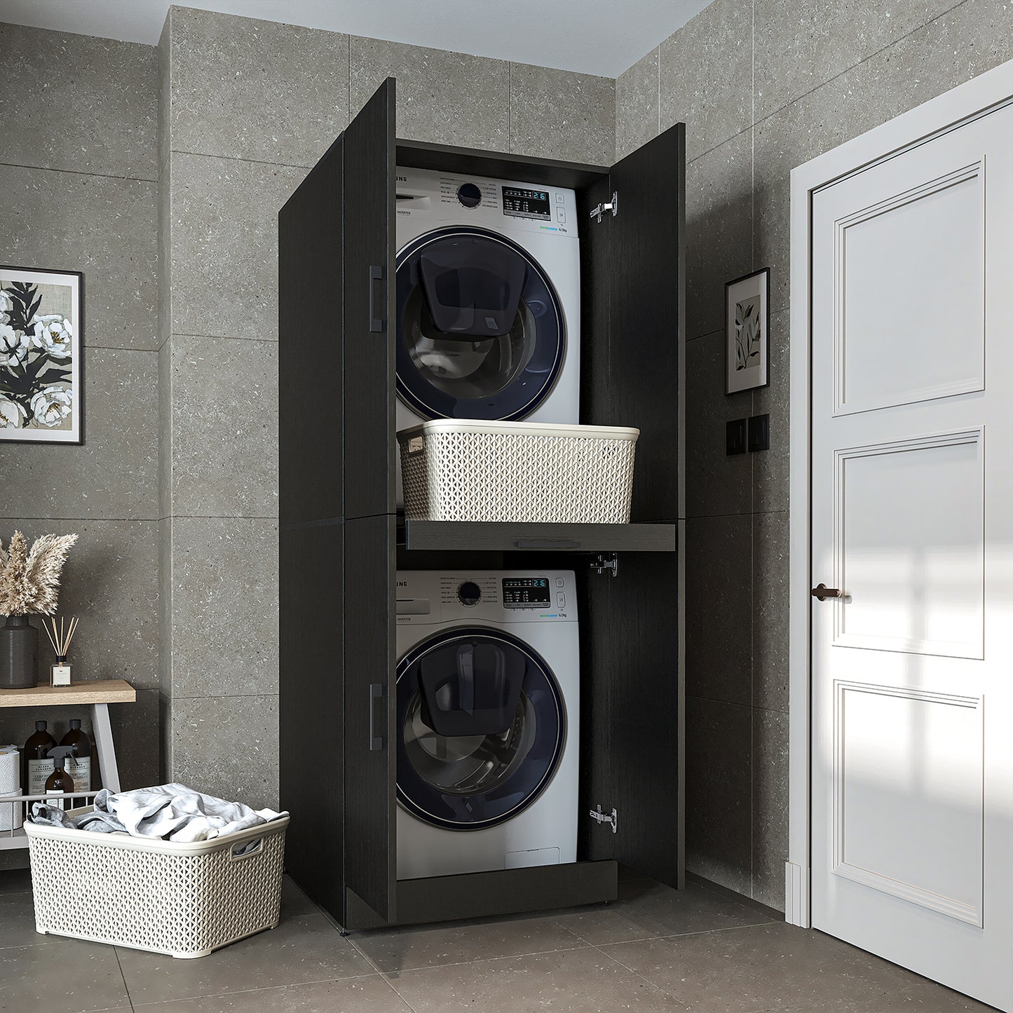 Roomart Waschmaschinenschrank SERIE DORA-I-  Waschmaschinen- & Trocknerschrank mit Türen & Ausziehbrett – Waschküchenschrank für Waschmaschine & Trockner – in 5 Farben • Weiß • Weiß-Eiche • Anthrazit-Eiche • Eiche • Schwarz-Eiche