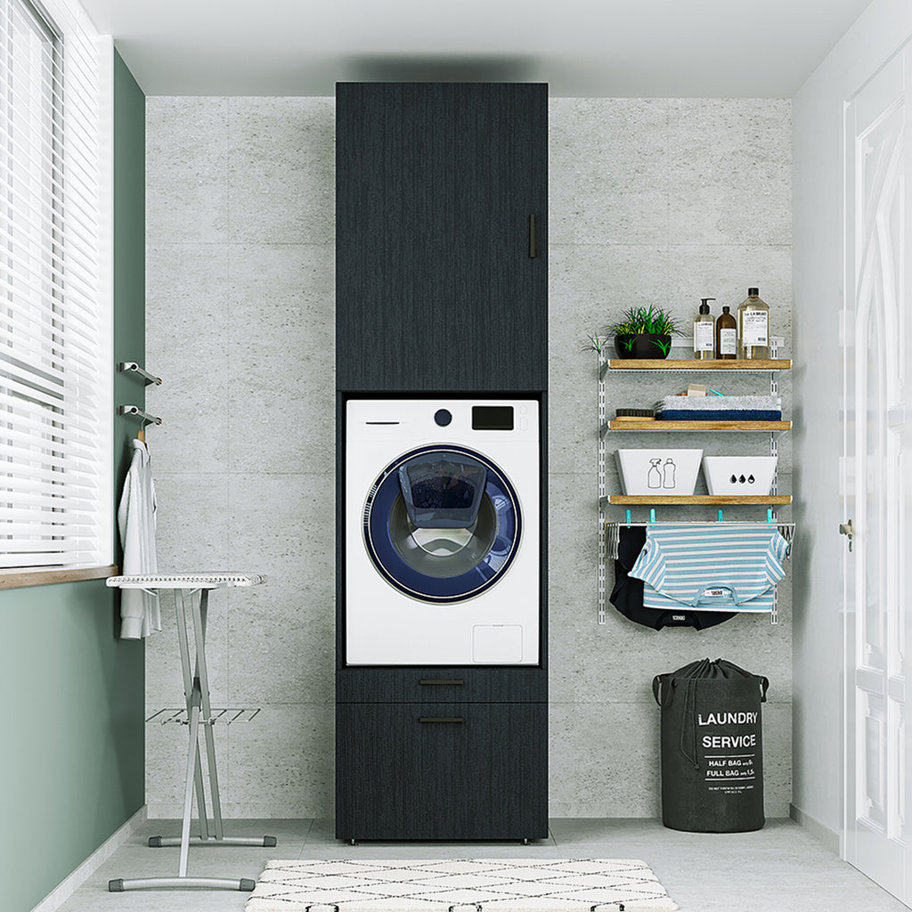 Roomart Waschmaschinenschrank mit Schrankaufsatz • mit Ausziehbrett • Weiß  • Schwarz eiche • Eiche