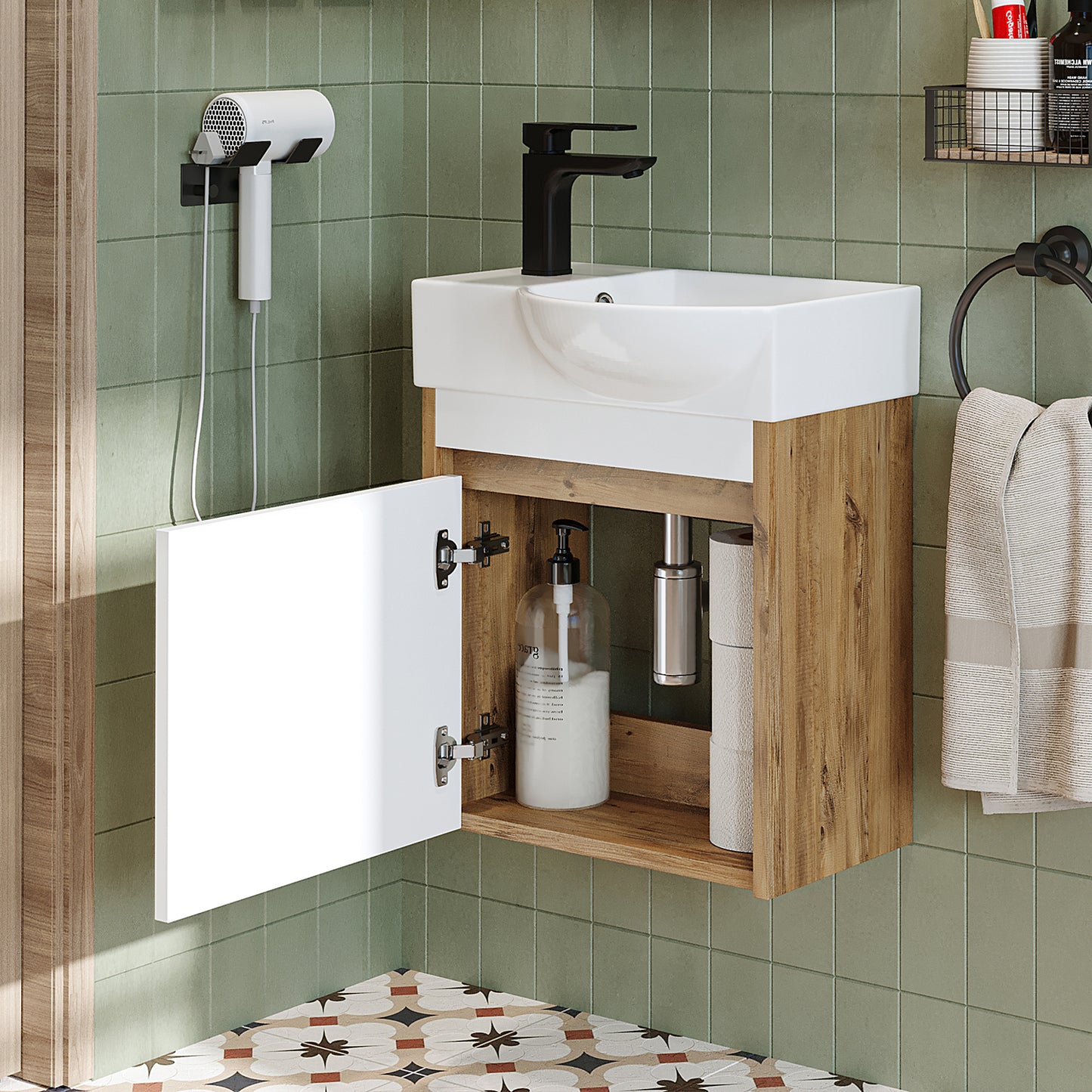 Roomart Waschtischunterschrank LEO mit Keramik-Waschbecken – Gäste-WC Badmöbel – Wasserhahn links