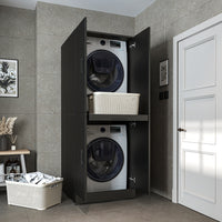 Roomart Waschmaschinenschrank SERIE DORA-I-  Waschmaschinen- & Trocknerschrank mit Türen & Ausziehbrett – Waschküchenschrank für Waschmaschine & Trockner – in 5 Farben • Weiß • Weiß-Eiche • Anthrazit-Eiche • Eiche • Schwarz-Eiche