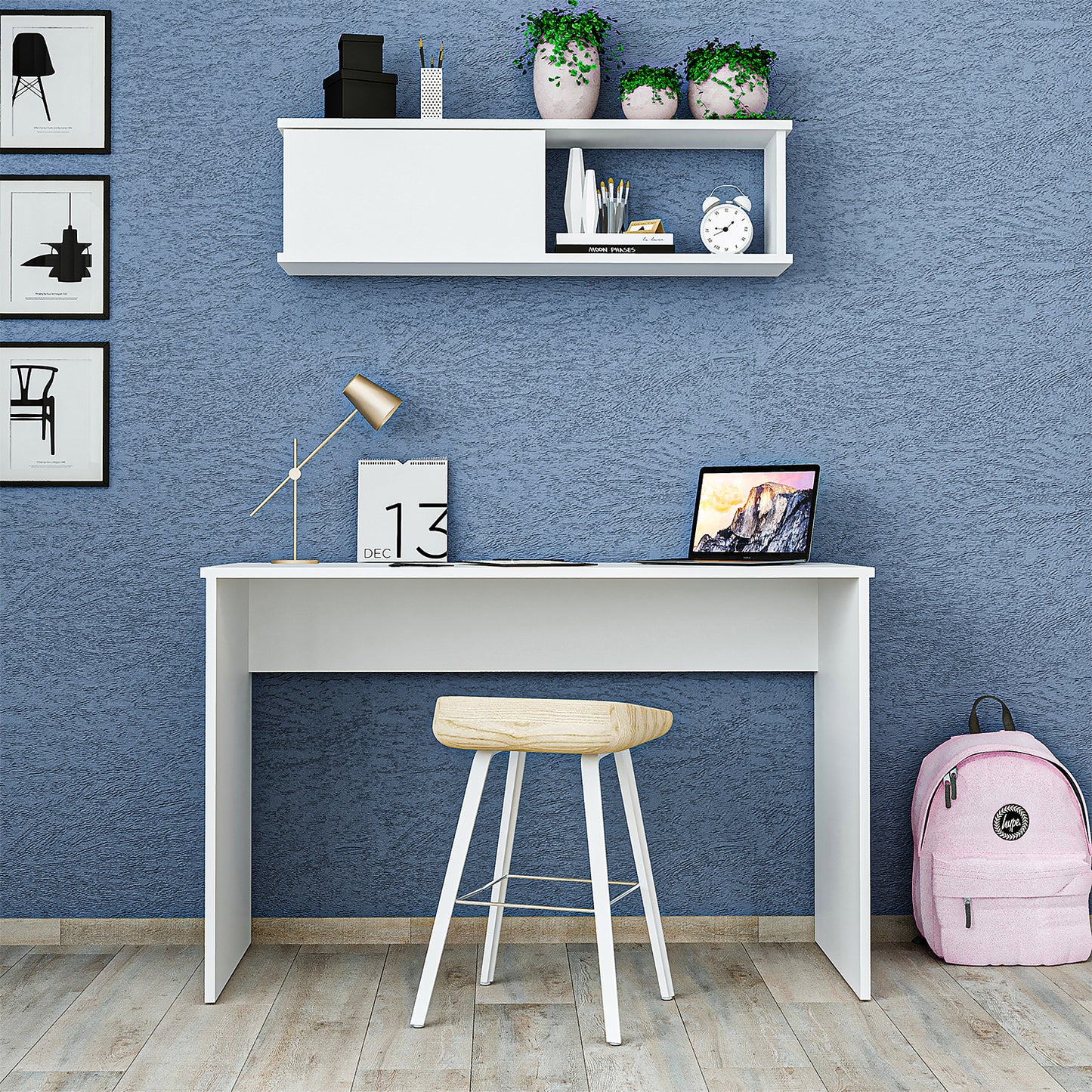 Roomart SERA Schreibtisch 120x50x77 cm mit Wandmontierbarem Aufbewahrungsschrank – Regal-Schrankschreibtisch, Laptoptisch & Arbeitstisch – Weiß – Ideal für Kinderzimmer, Home-Office & Arbeitszimmer