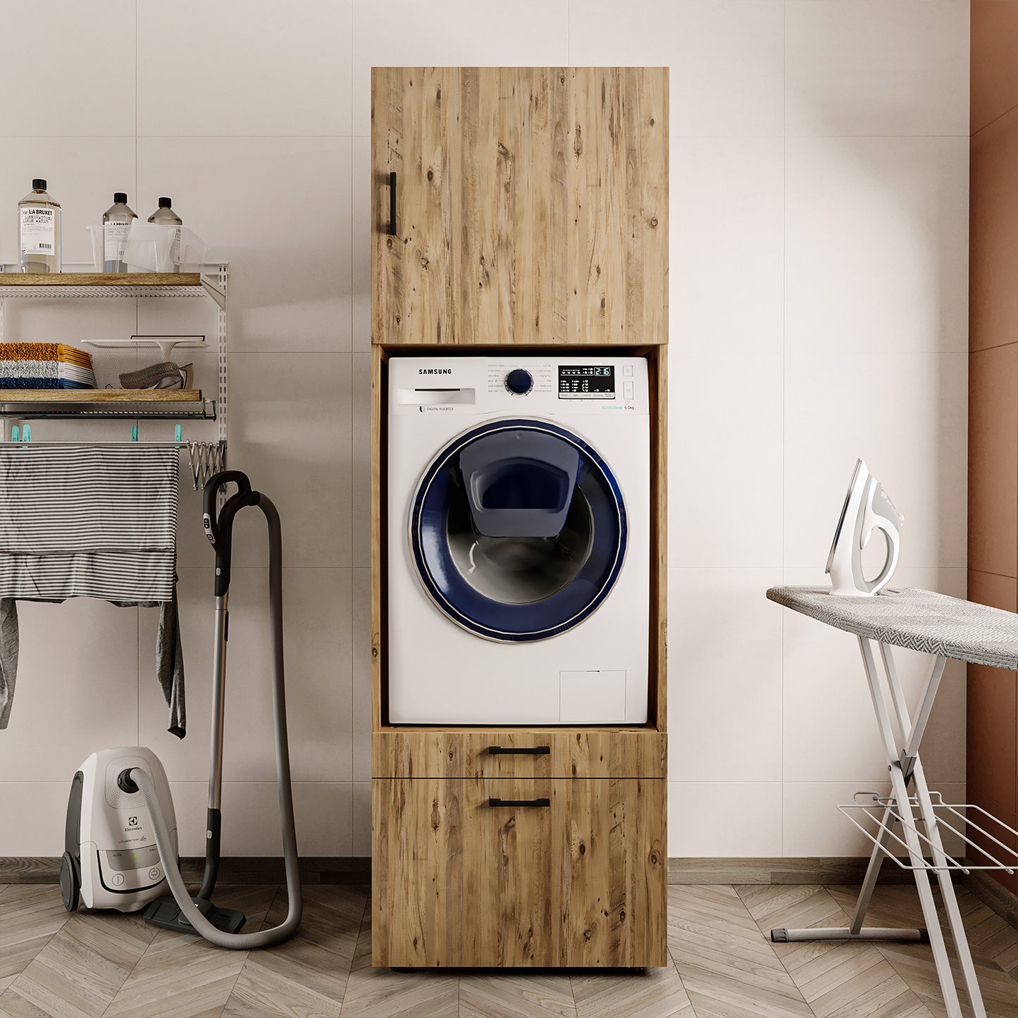 Roomart Waschmaschinenschrank mit Schrankaufsatz • mit Ausziehbrett • Weiß  • Schwarz eiche • Eiche