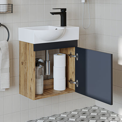 Roomart Waschtischunterschrank PUNTO mit Keramik-Waschbecken – Gäste-WC Badmöbel – Wasserhahn rechts