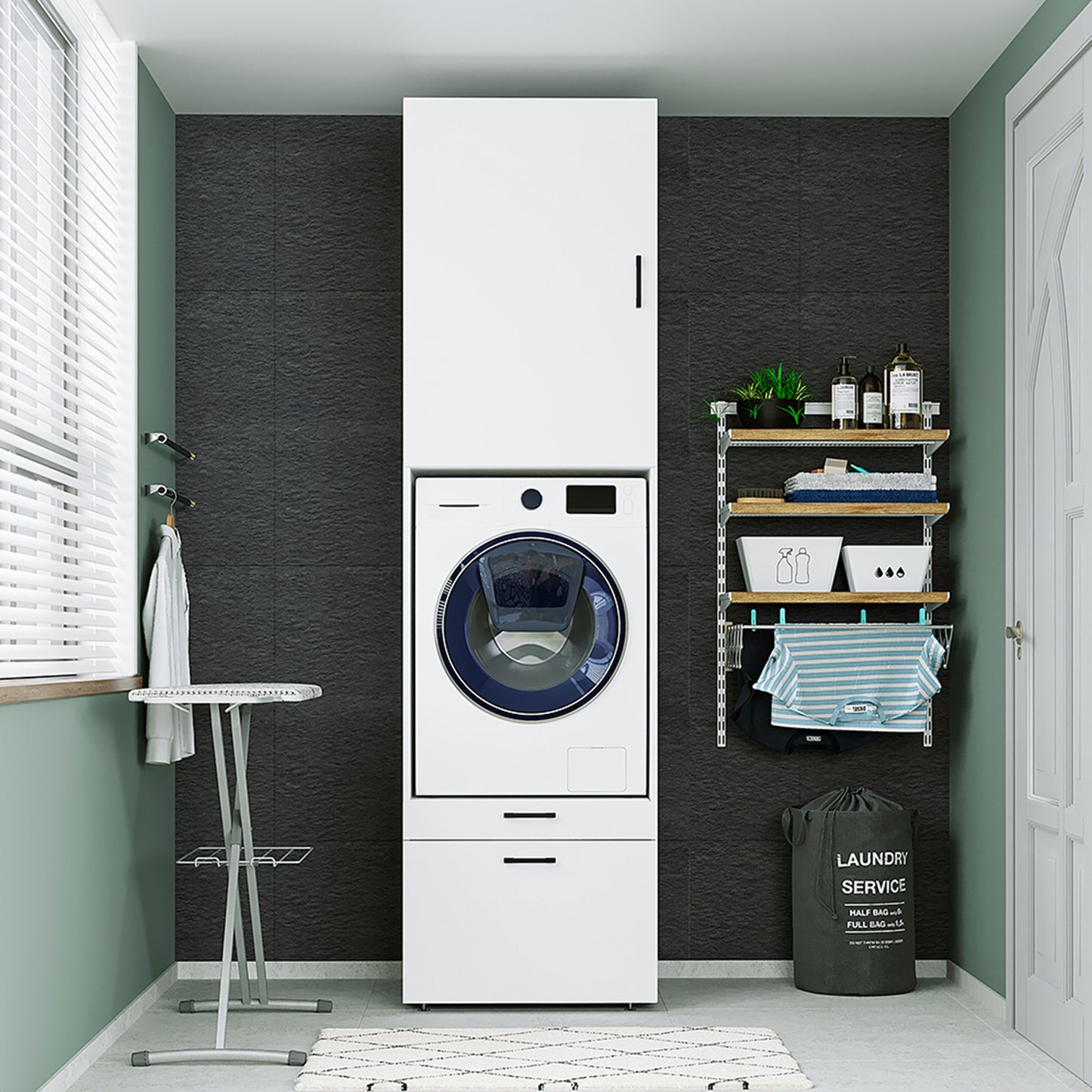 Roomart Waschmaschinenschrank mit Schrankaufsatz • mit Ausziehbrett • Weiß  • Schwarz eiche • Eiche