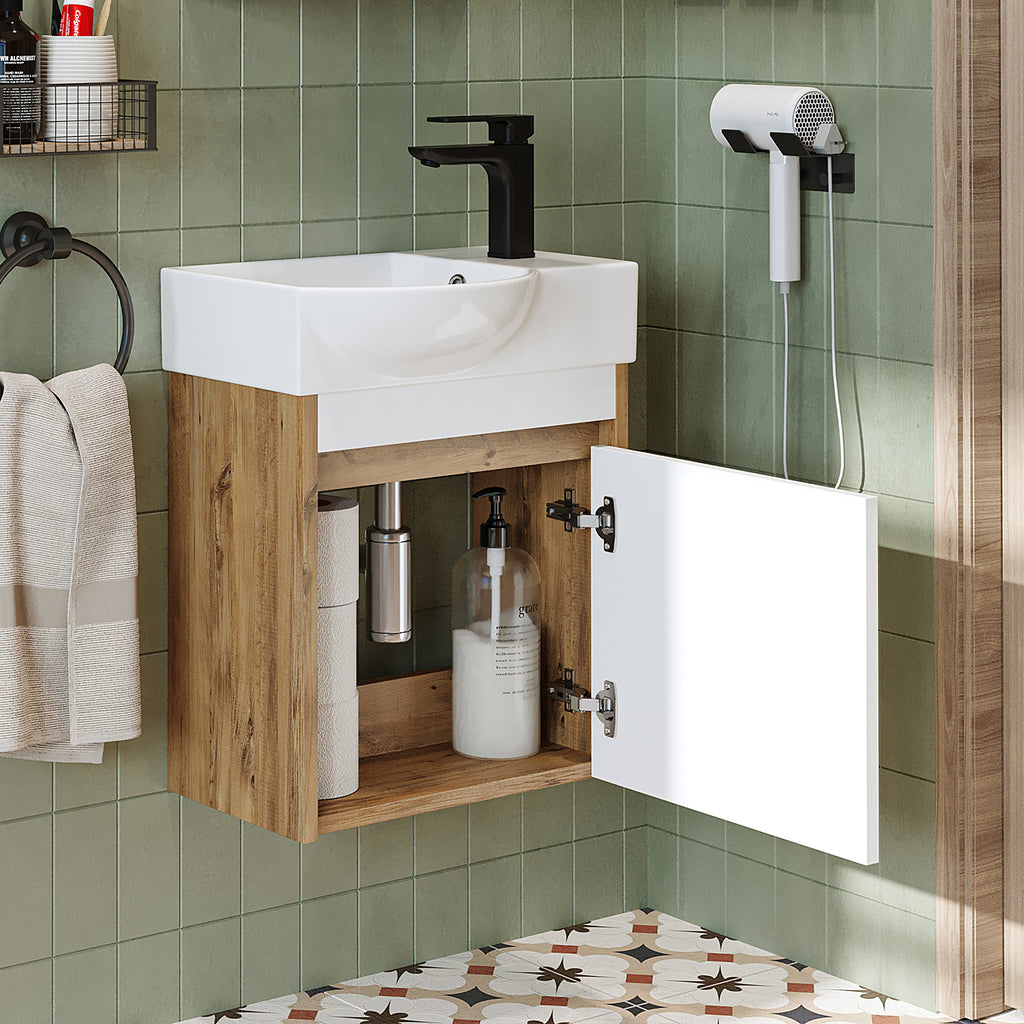 Roomart Waschtischunterschrank LEO mit Keramik-Waschbecken – Gäste-WC Badmöbel – Wasserhahn rechts