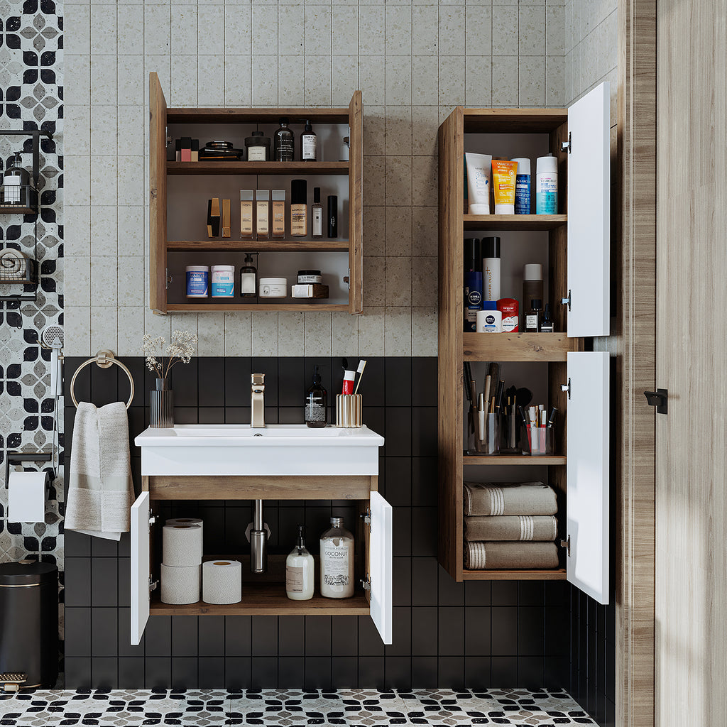 Roomart bathroom furniture set ATRIA 65 cm vanity unit with washbasin mirror cabinet tall cabinet - mirror bathroom, mirror cabinet bathroom 60 cm wide, bathroom mirror cabinet, mirror cabinet with lighting, mirror cabinet 80 cm wide, mirror cabinets for bathroom, mirror cabinets for bathroom