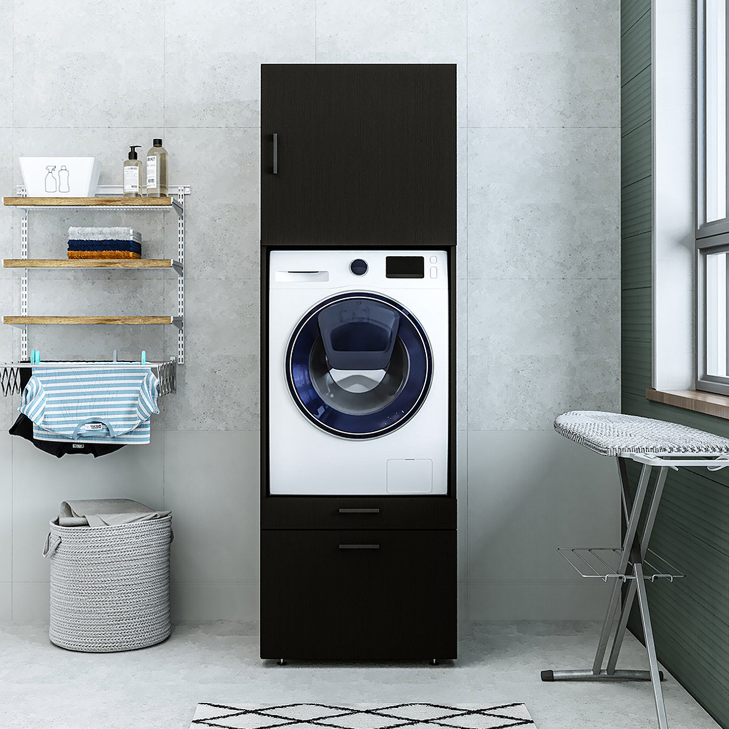 Roomart Waschmaschinenschrank mit Schrankaufsatz • mit Ausziehbrett • Weiß  • Schwarz eiche • Eiche