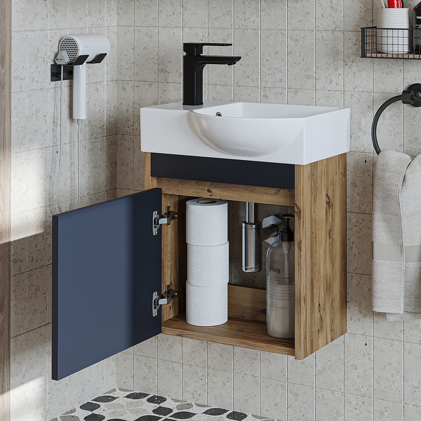 Roomart Waschtischunterschrank LEO mit Keramik-Waschbecken – Gäste-WC Badmöbel – Wasserhahn links