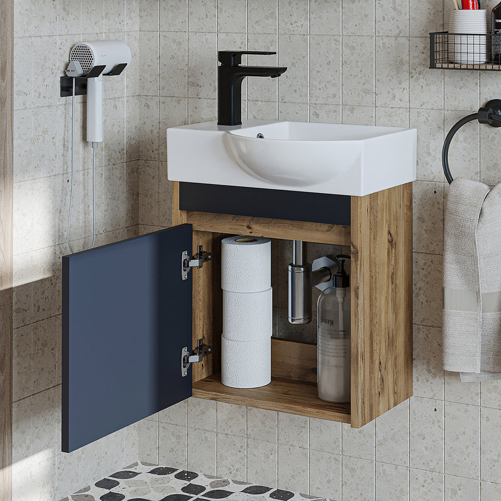 Roomart Waschtischunterschrank LEO mit Keramik-Waschbecken – Gäste-WC Badmöbel – Wasserhahn links