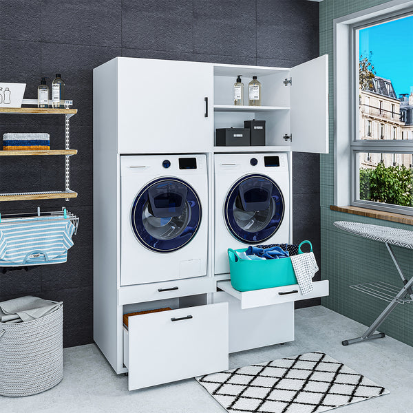 Roomart Waschmaschinenschrank Doppelschrank - SERIE 2 –  134 cm breit,  Überbauschrank für Waschküche & Hauswirtschaftsraum – 2 Größen (205 / 240 cm hoch) – mit Ausziehbrett – in 3 Farben