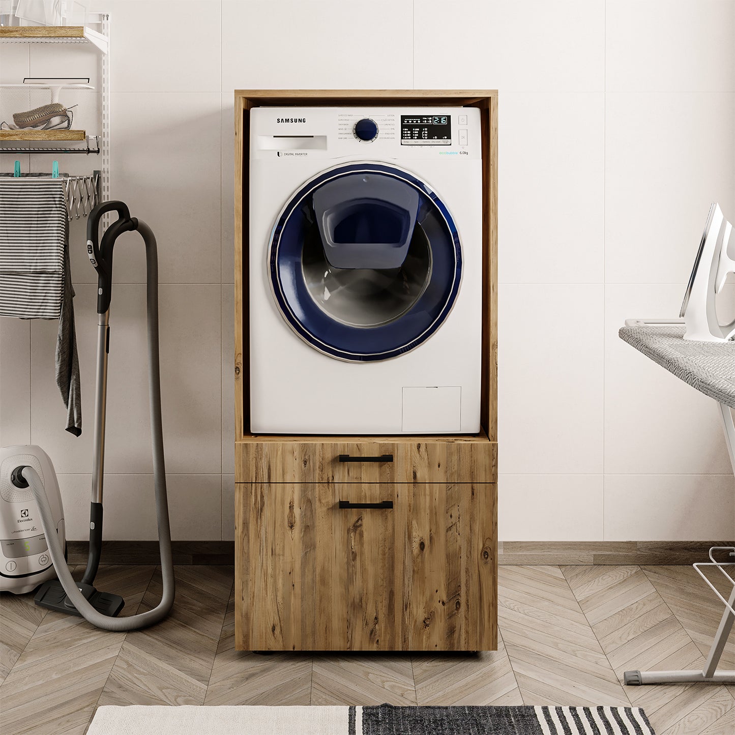 Roomart • Waschmachinenschrank für Hauswirtschaftsraum • HBT: 145x67x66,8 cm • Mit Schubladen und Ausziehbrett • Weiß • Schwarz eiche  • Eiche